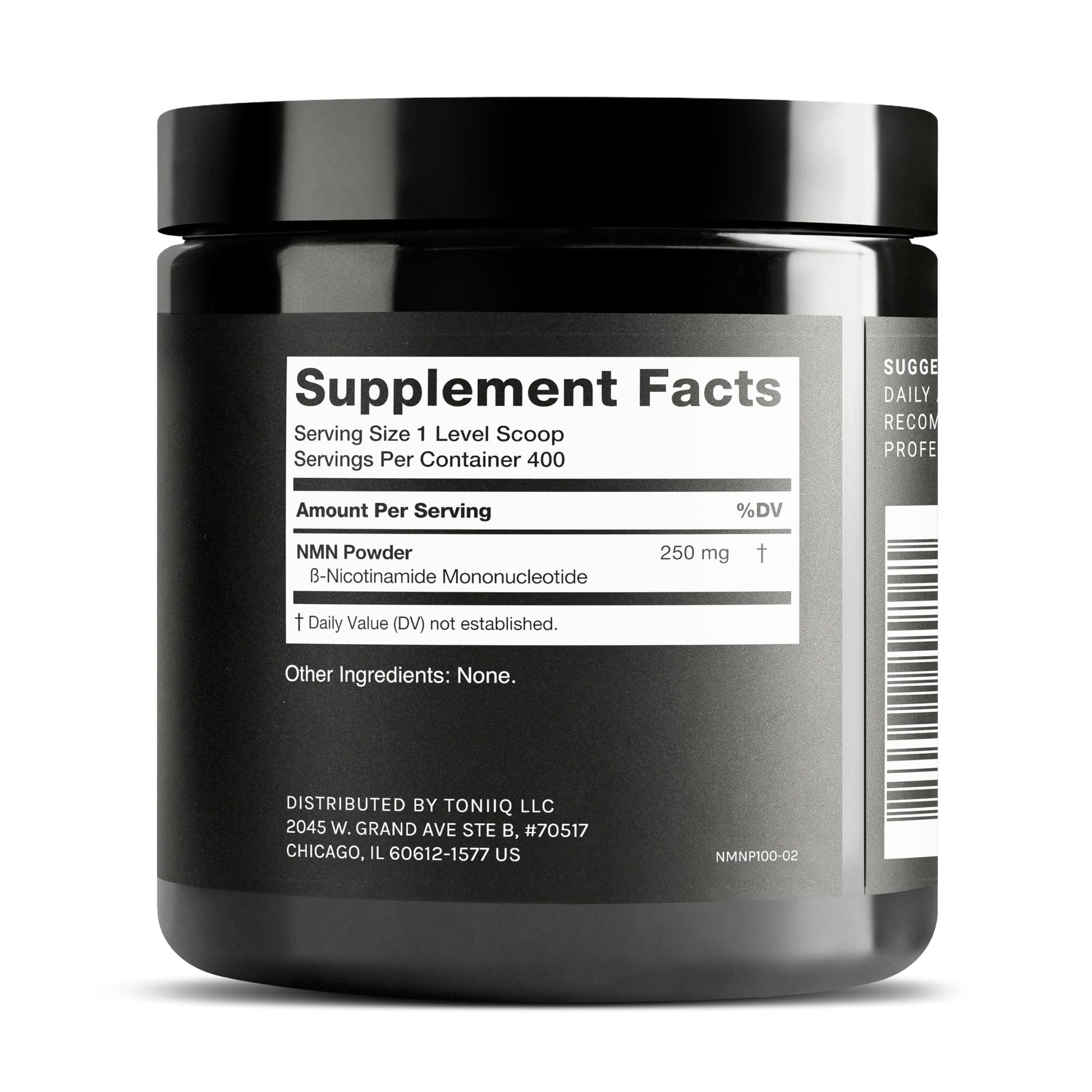 Toniiq stabilized nicotinamide mononucleotide powder showing the premium black light-resistant bottle.
