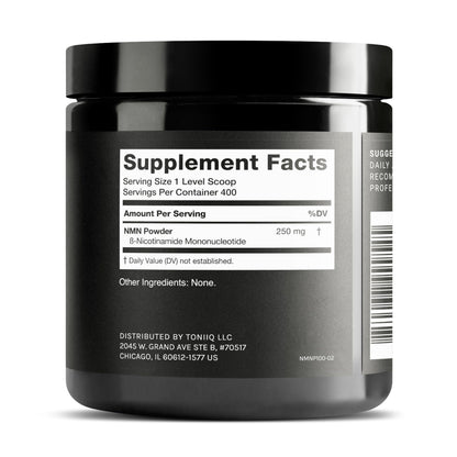 Toniiq stabilized nicotinamide mononucleotide powder showing the premium black light-resistant bottle.