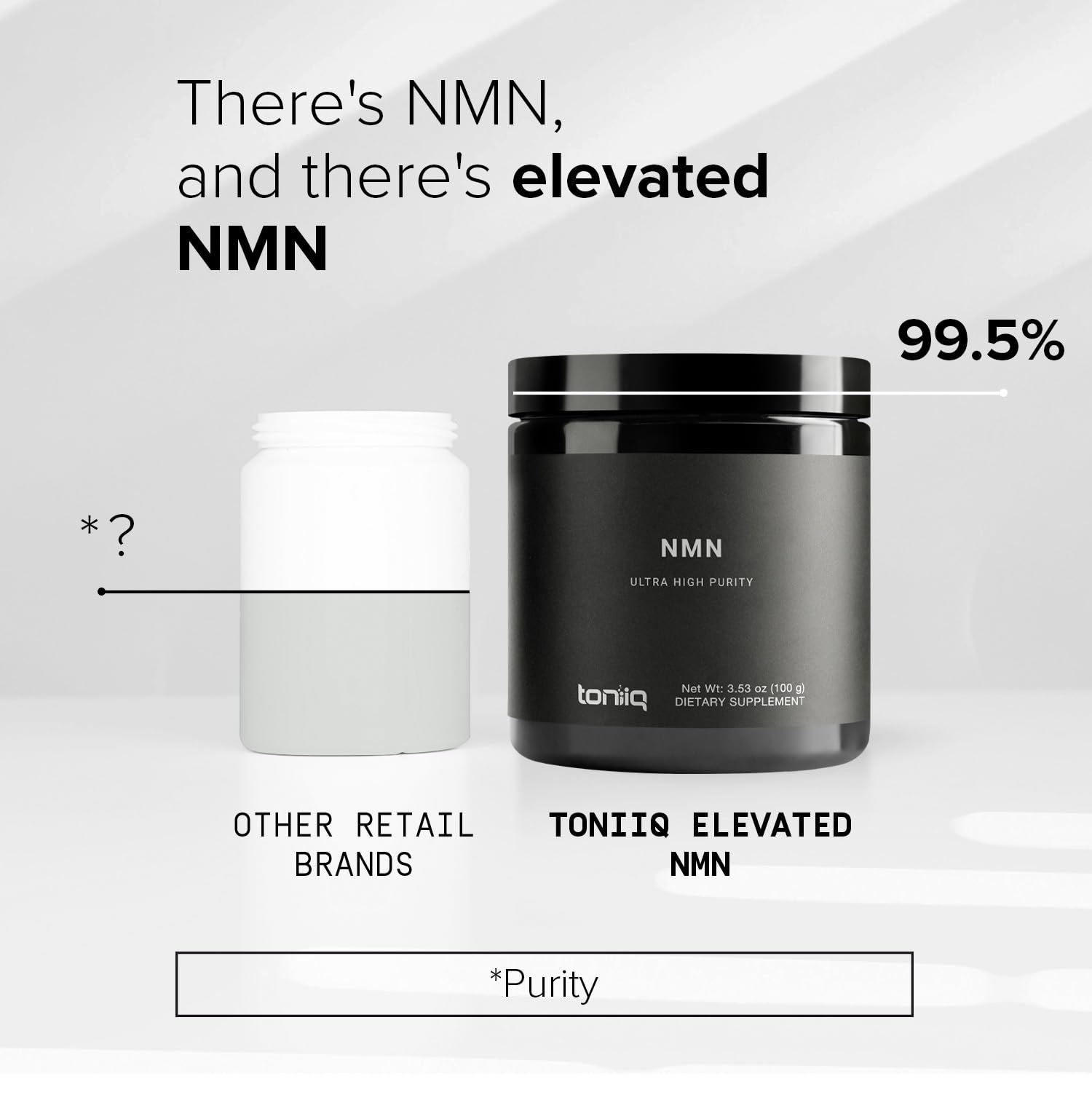 Side view of Toniiq NMN longevity supplement featuring the 99.5 percent purity label.