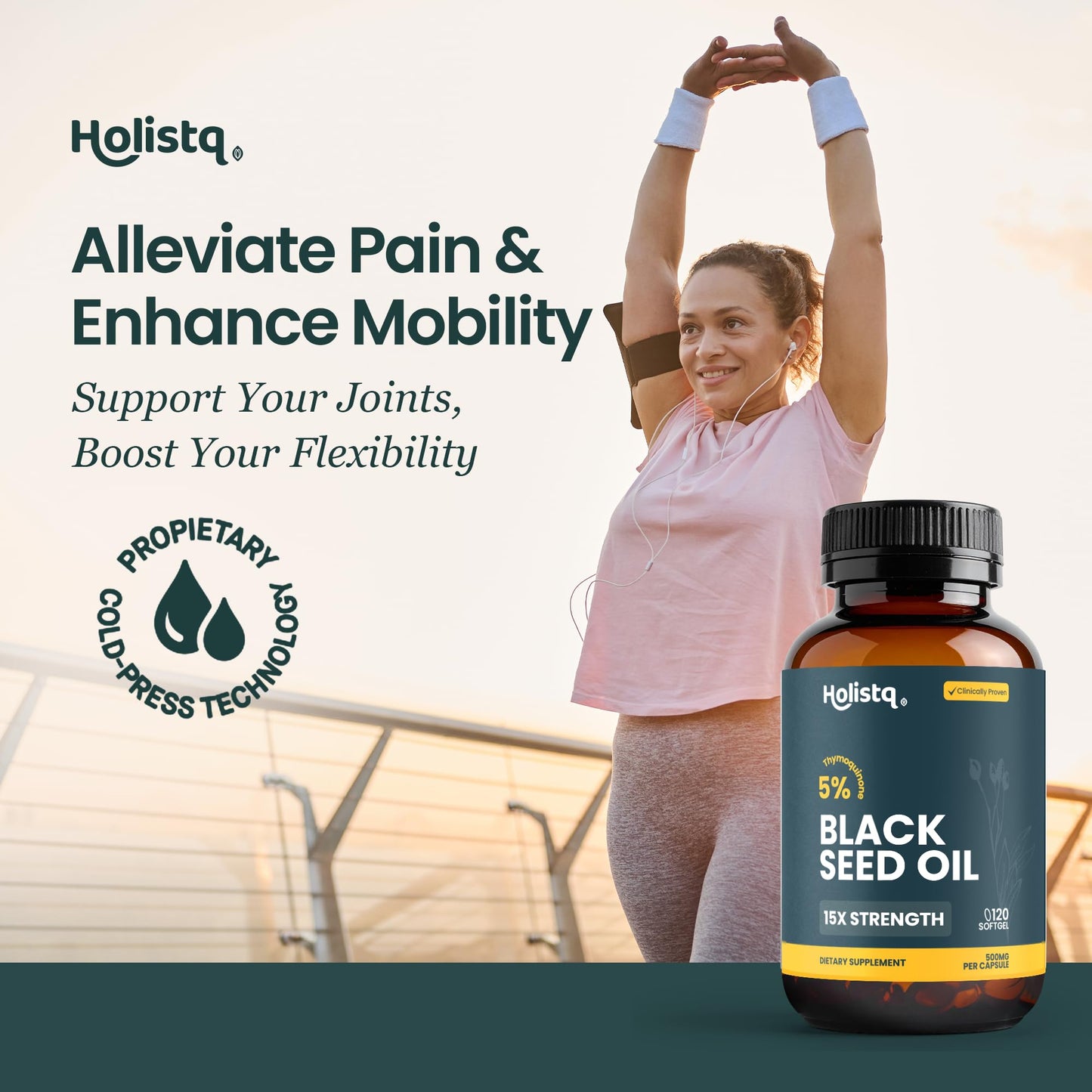 Holistq antioxidant rich herbal capsules showcasing the active 5 percent Thymoquinone wellness formula