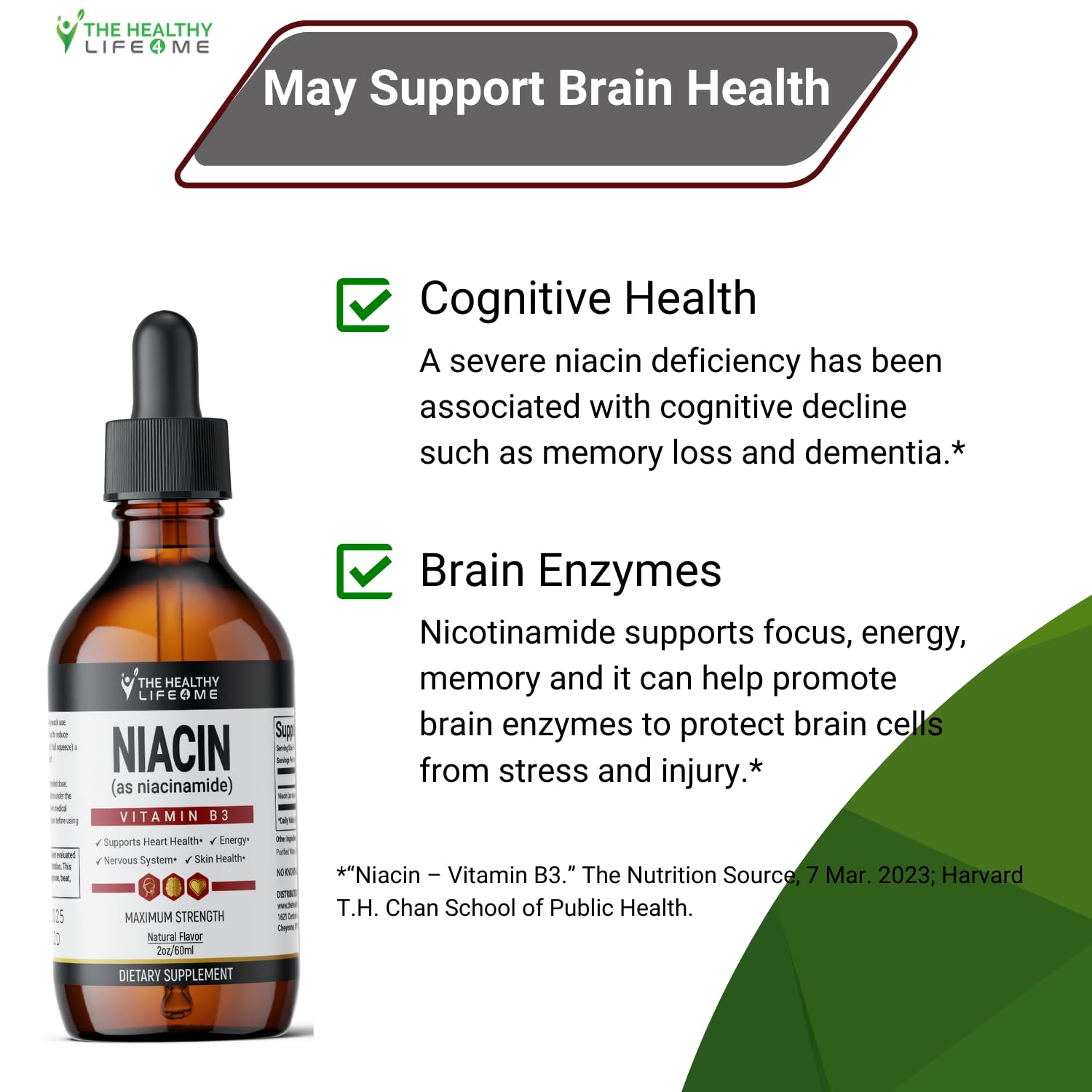The Healthy Life 4 ME Vitamin B3 Niacinamide liquid drops supplement facts label displaying the 20mg serving size information.