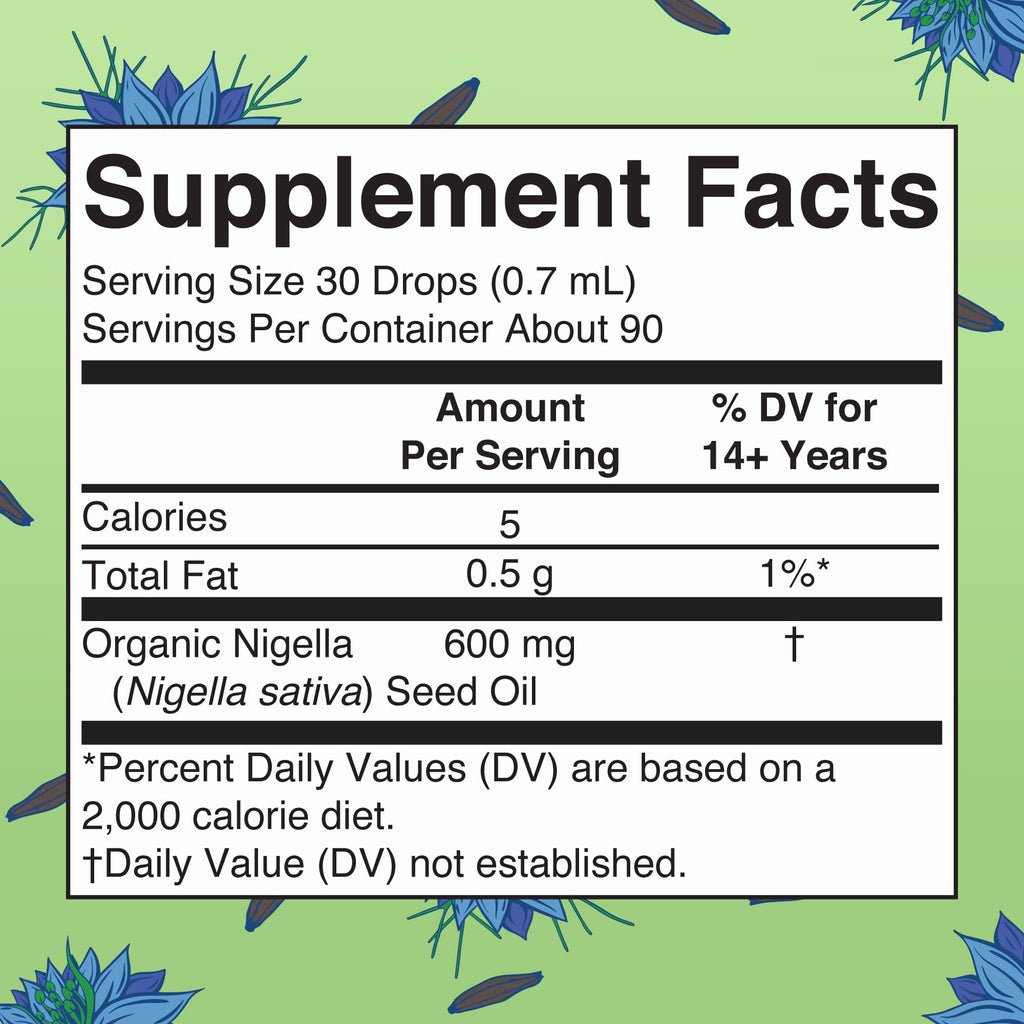 MaryRuth Organics Organic Black Seed Oil Liquid Drops supplement facts label