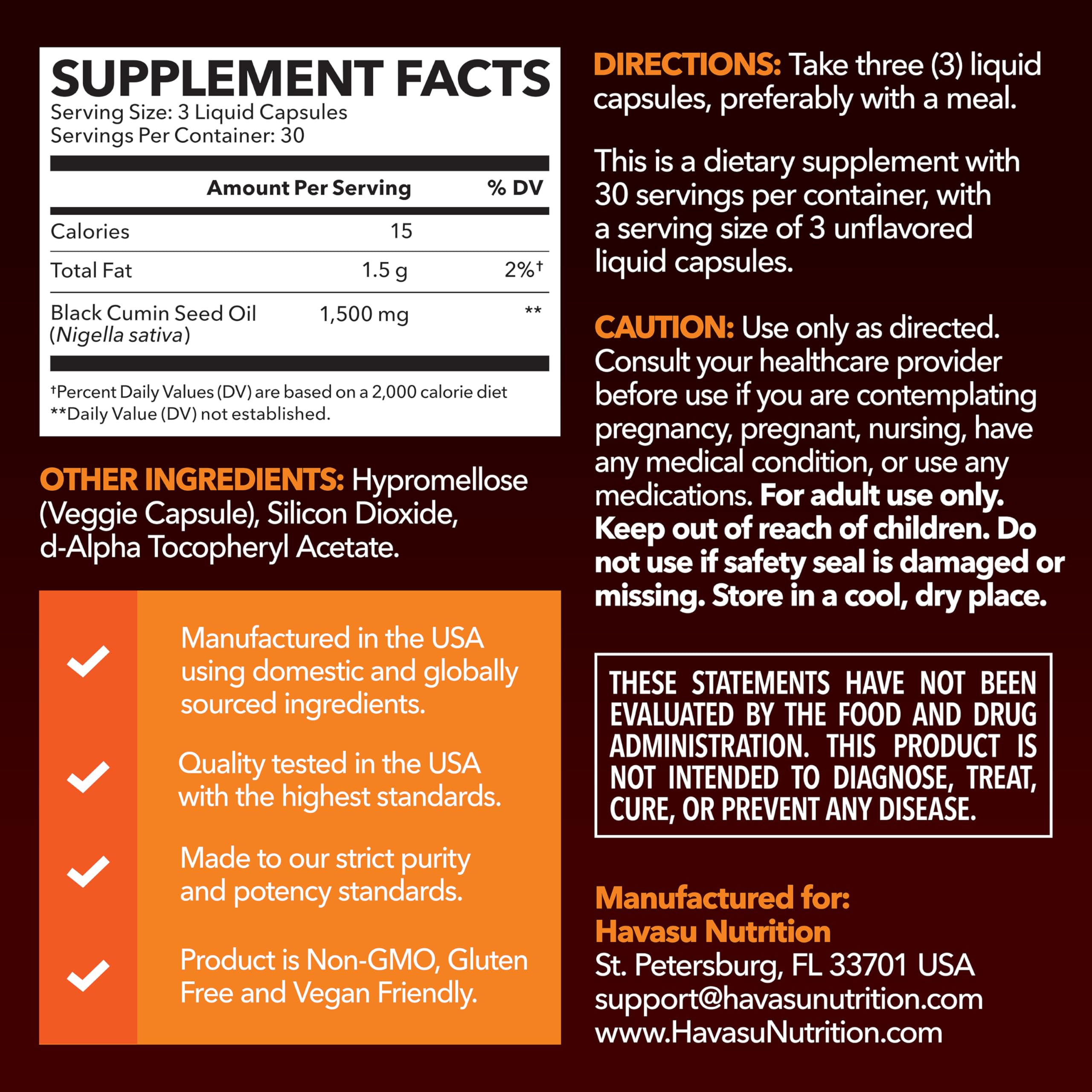 Havasu Nutrition cold pressed black cumin seed capsules label view showing 1500 mg dosage
