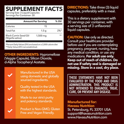 Havasu Nutrition cold pressed black cumin seed capsules label view showing 1500 mg dosage