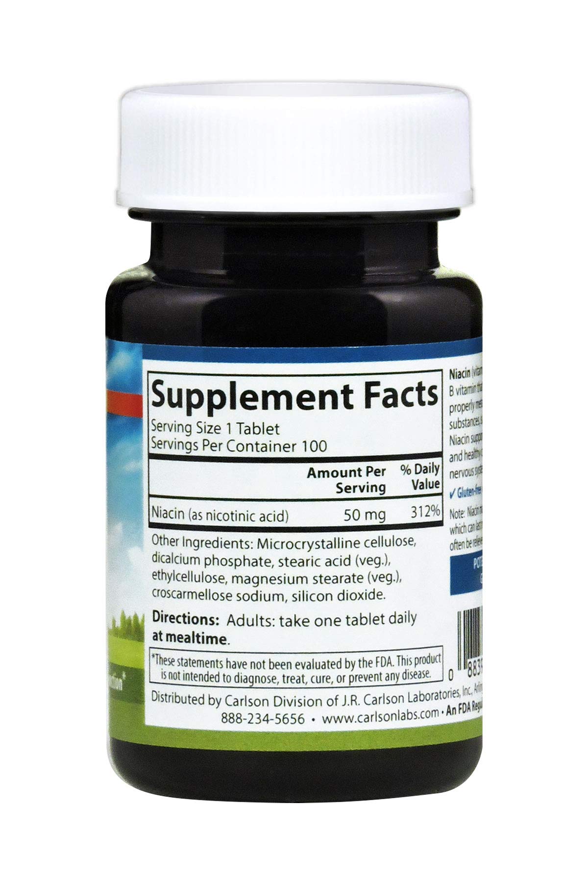 Carlson Niacin 100 tablets packaging showing ingredient details and gluten free certification.