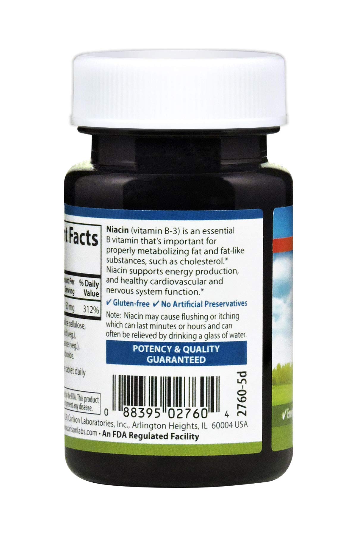 Side view of Carlson Laboratories Niacin supplement showing clear adult usage instructions.