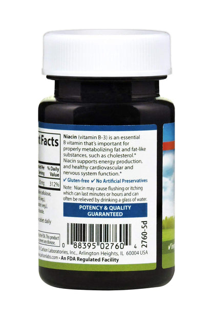 Side view of Carlson Laboratories Niacin supplement showing clear adult usage instructions.