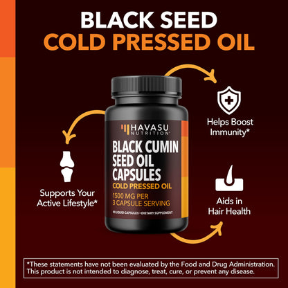 Supplements container of authentic USA imported Havasu Nutrition black seed oil