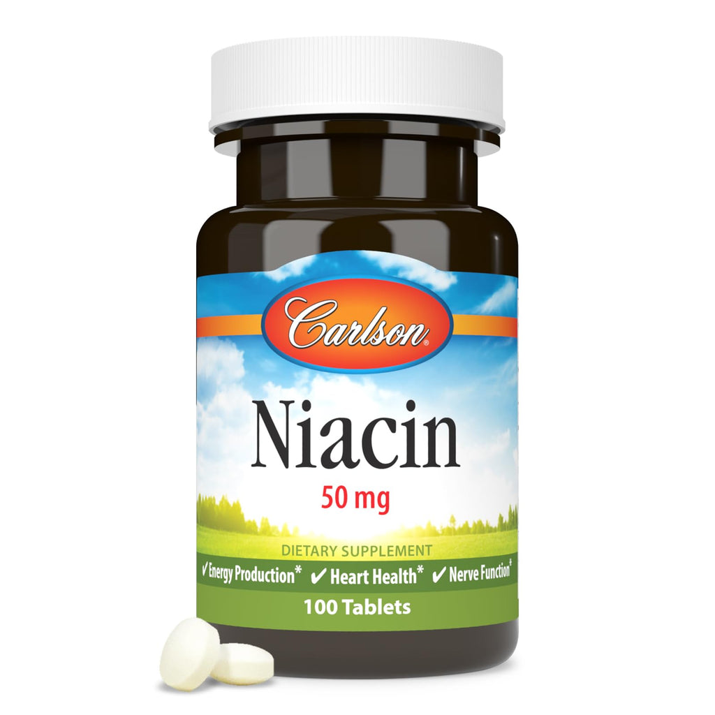 Close up of the nutritional facts panel on Carlson Niacin 50 mg dietary supplement.