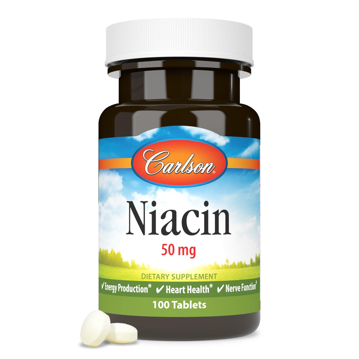 Close up of the nutritional facts panel on Carlson Niacin 50 mg dietary supplement.