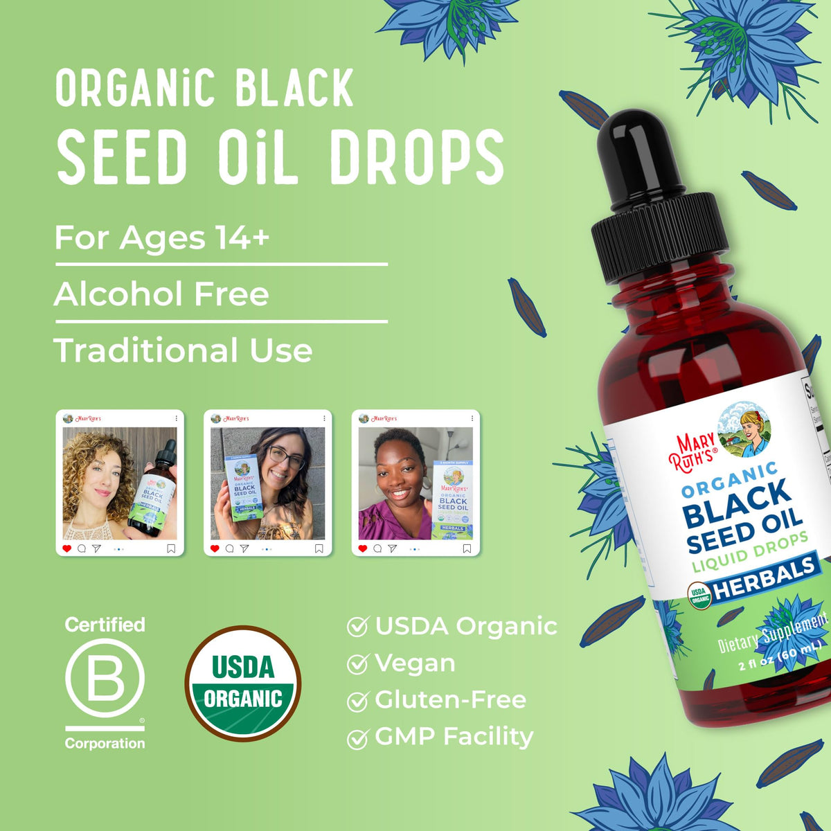 MaryRuth Organics Organic Black Seed Oil Liquid Drops close up seal view