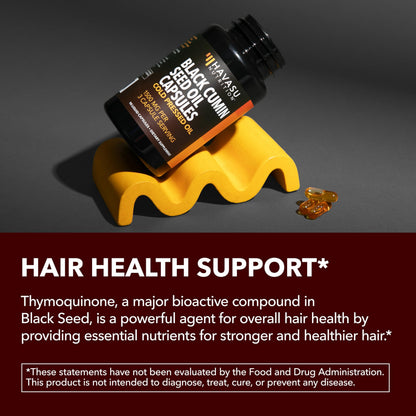 Close up of Havasu Nutrition black seed oil container highlighting thymoquinone benefits