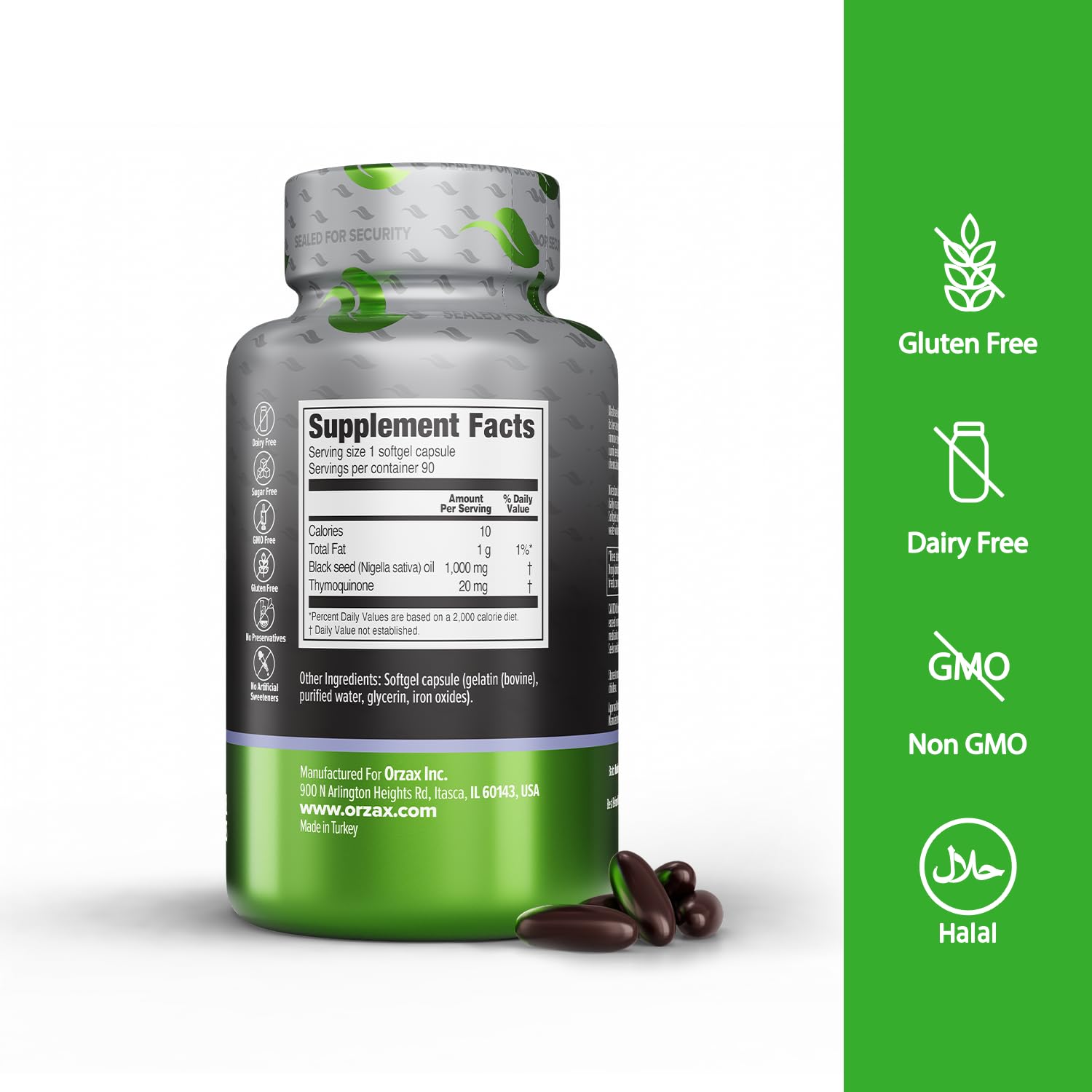 ORZAX cold pressed black cumin seed oil capsules showing the supplement facts and 2 percent Thymoquinone standardization