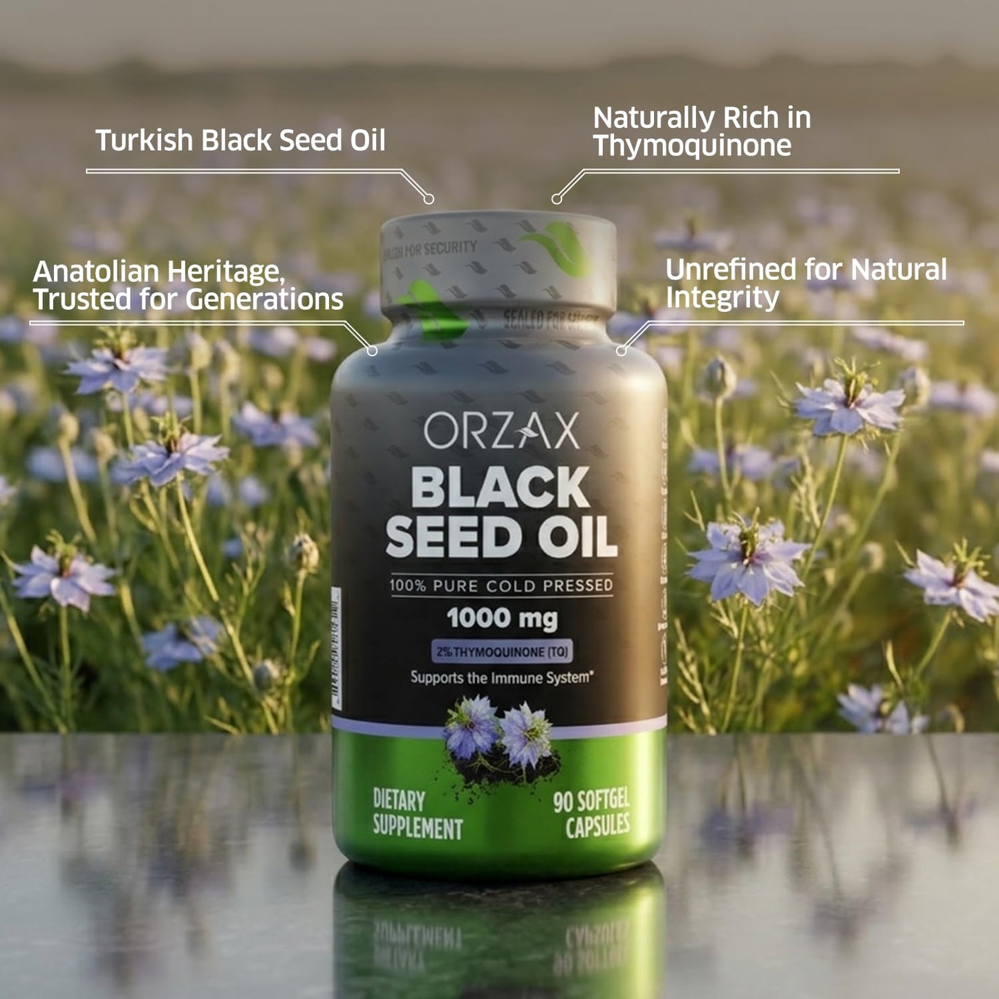 Premium non-GMO black seed oil softgels by ORZAX highlighting Omega 3 6 9 essential fatty acids