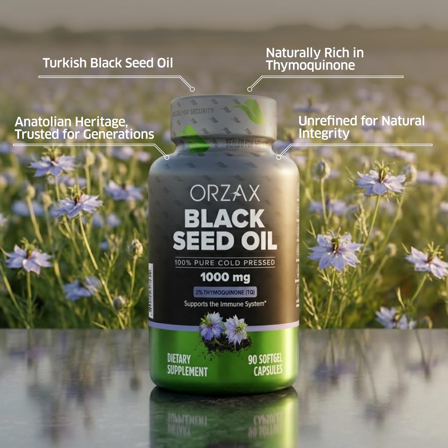 Premium non-GMO black seed oil softgels by ORZAX highlighting Omega 3 6 9 essential fatty acids