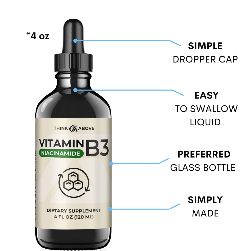 Think Above liquid vitamin B3 supplement glass bottle packaging details