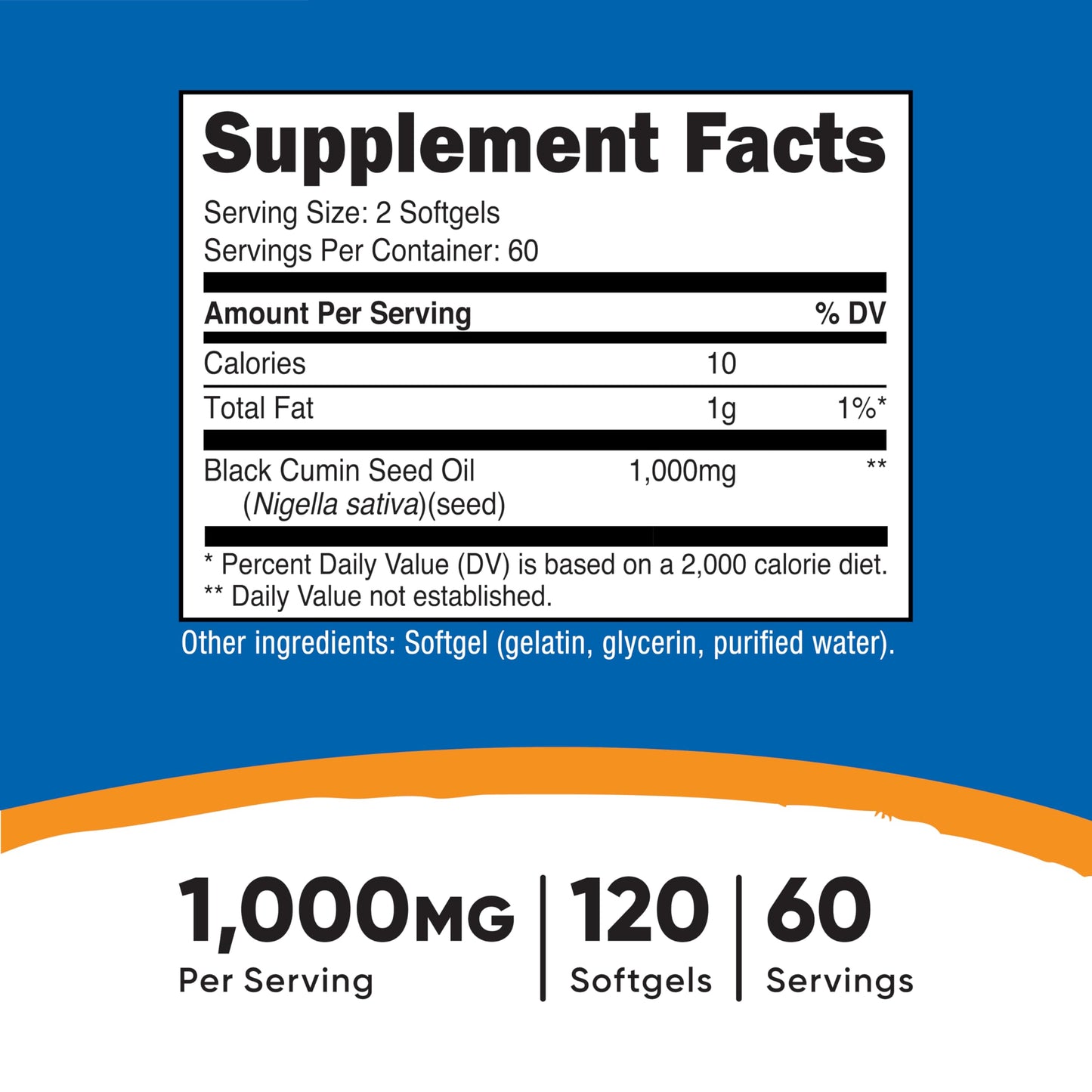 Nutricost cold pressed black seed oil 120 softgels packaging showing supplement facts