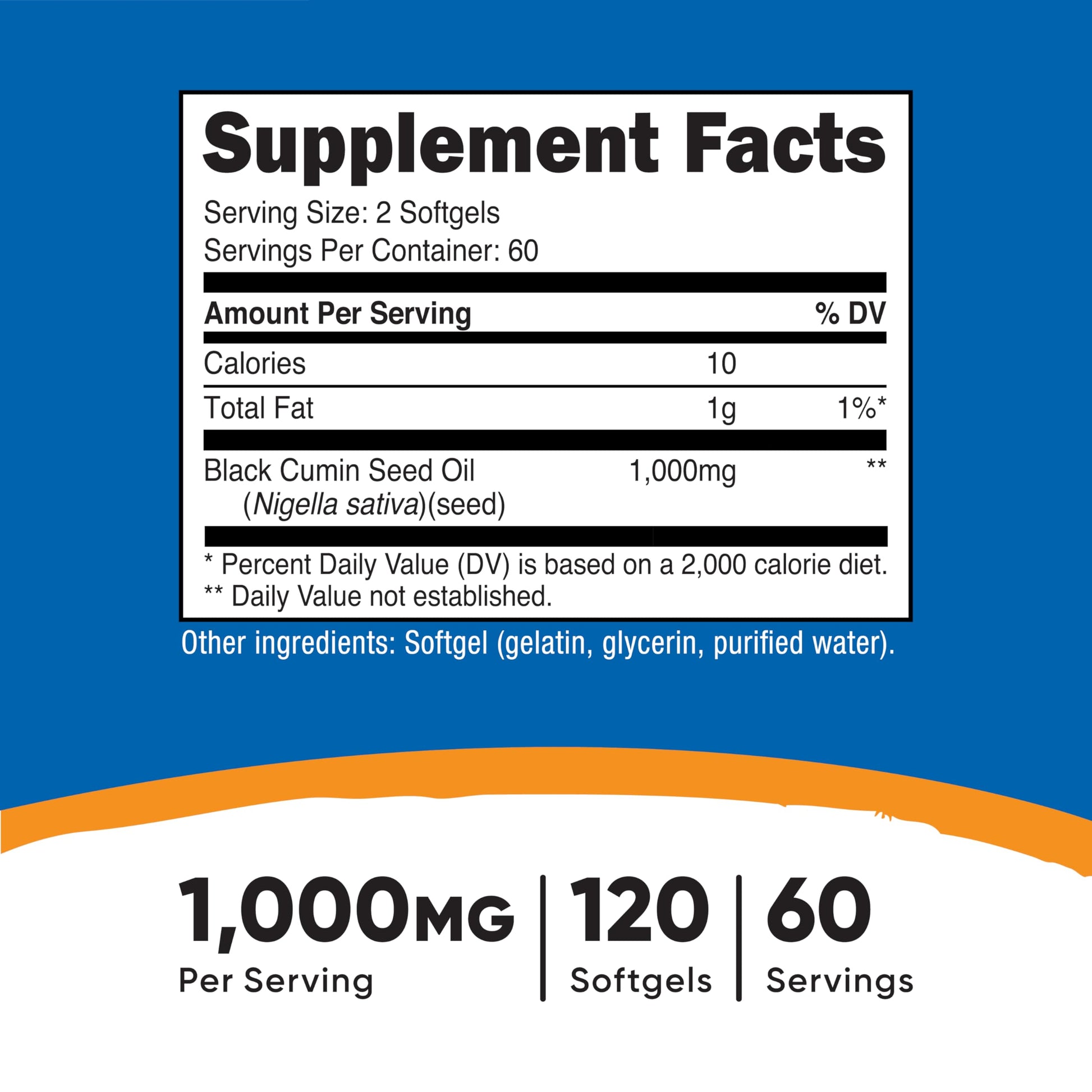 Nutricost cold pressed black seed oil 120 softgels packaging showing supplement facts