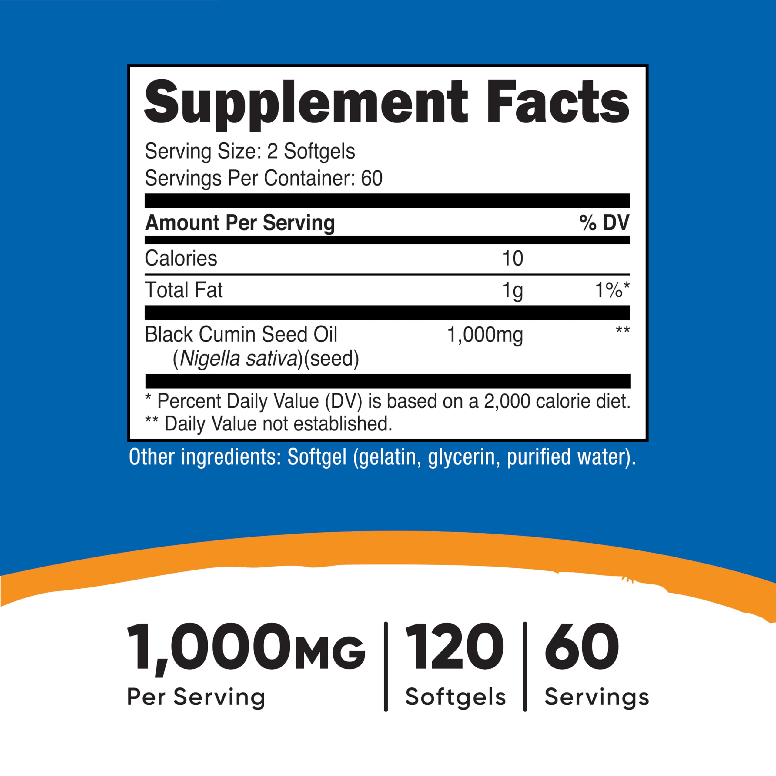 Nutricost cold pressed black seed oil 120 softgels packaging showing supplement facts