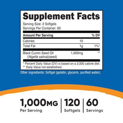 Nutricost cold pressed black seed oil 120 softgels packaging showing supplement facts