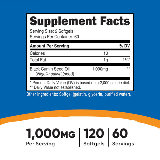 Nutricost cold pressed black seed oil 120 softgels packaging showing supplement facts