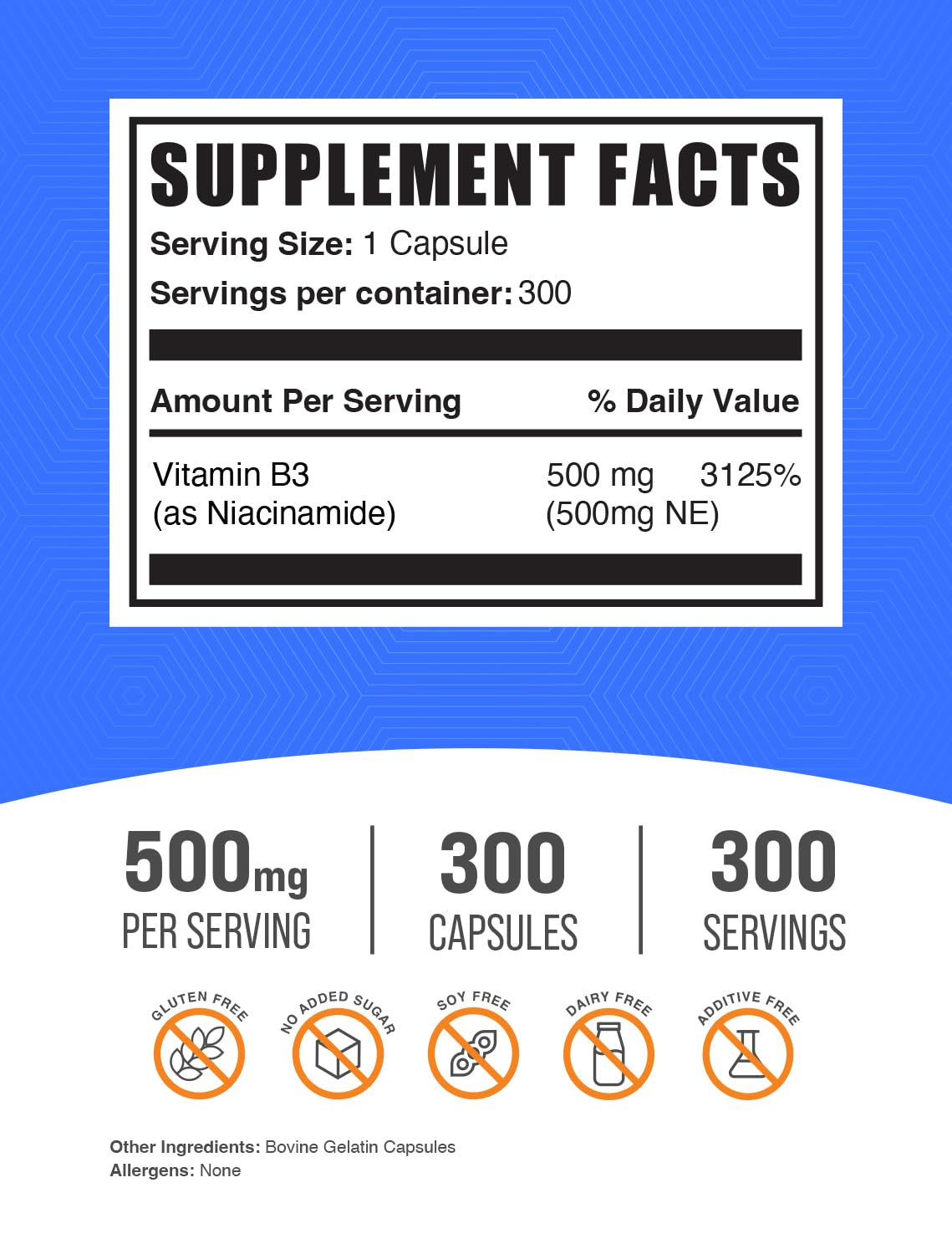 BulkSupplements Vitamin B3 non flush capsules dietary supplement facts and ingredients panel
