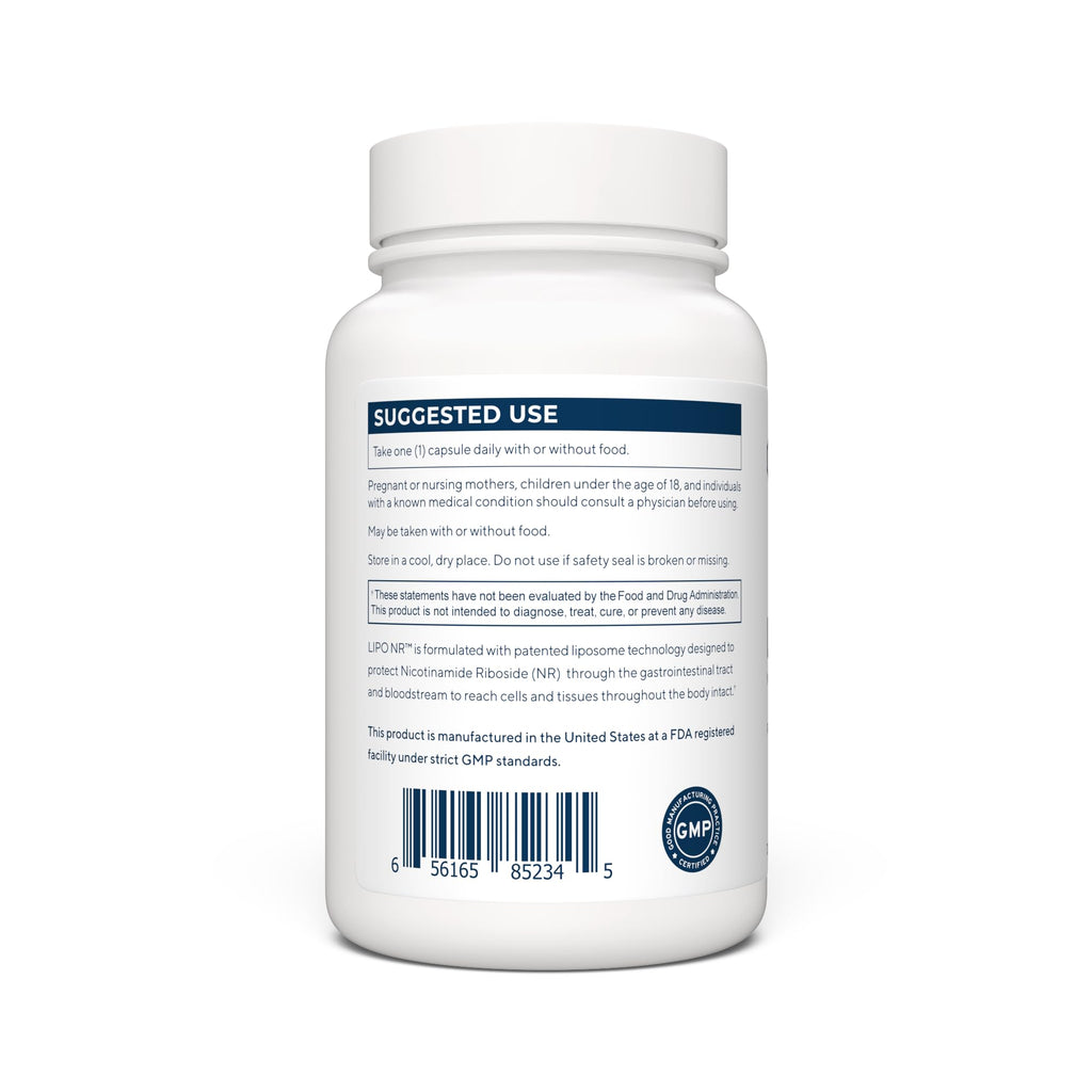 Supplement facts label on the back of Renue By Science Lipo NR 90 capsules.