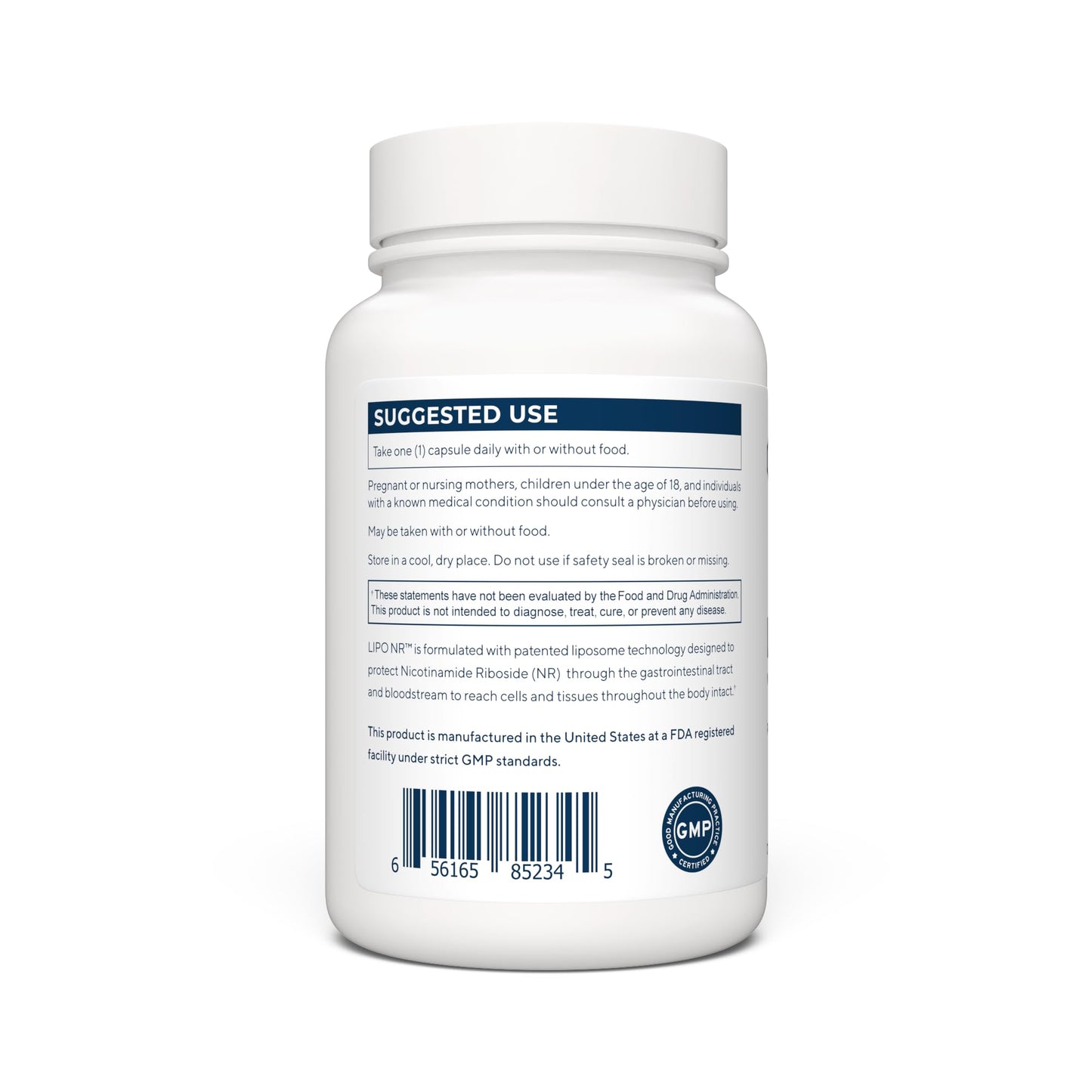 Supplement facts label on the back of Renue By Science Lipo NR 90 capsules.