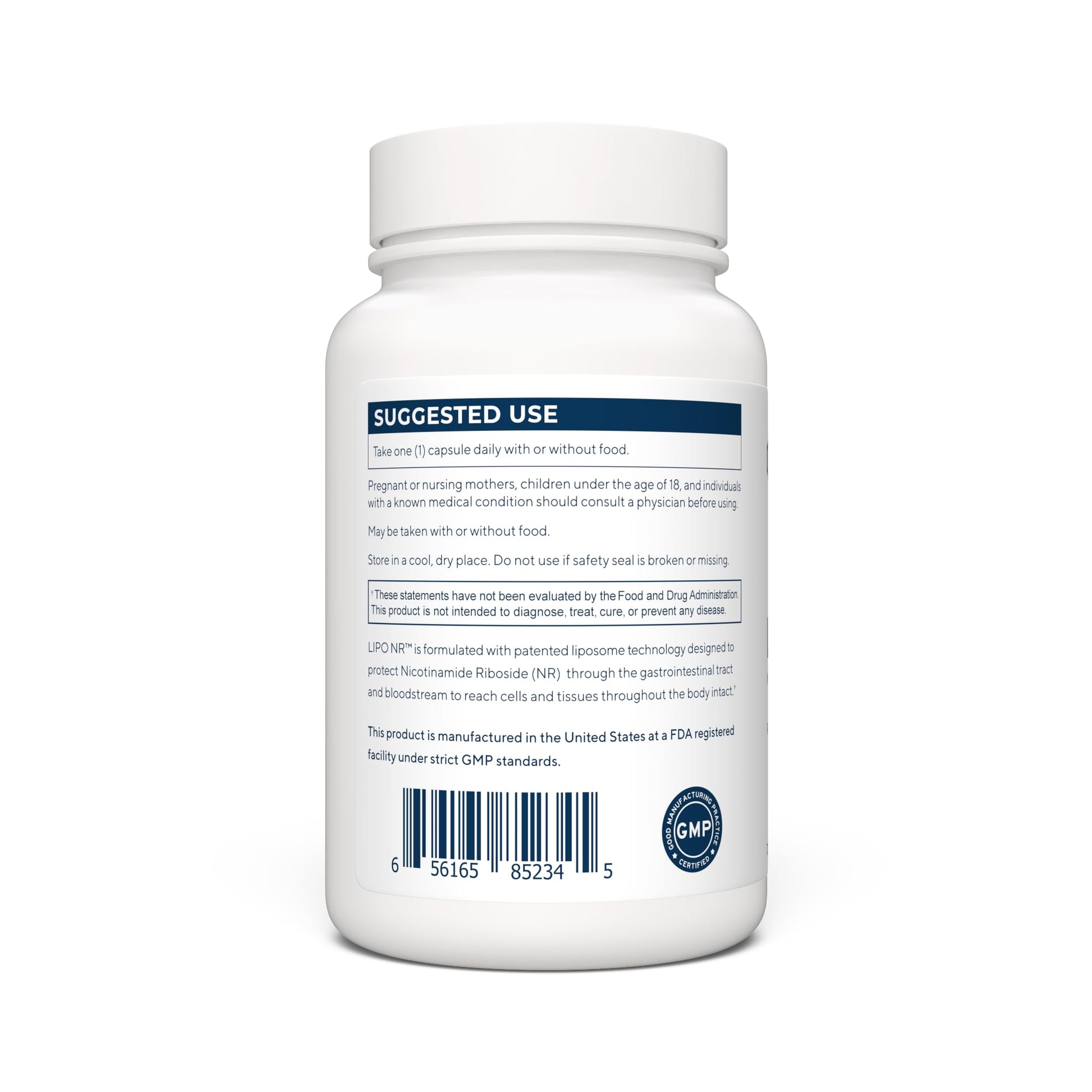 Supplement facts label on the back of Renue By Science Lipo NR 90 capsules.