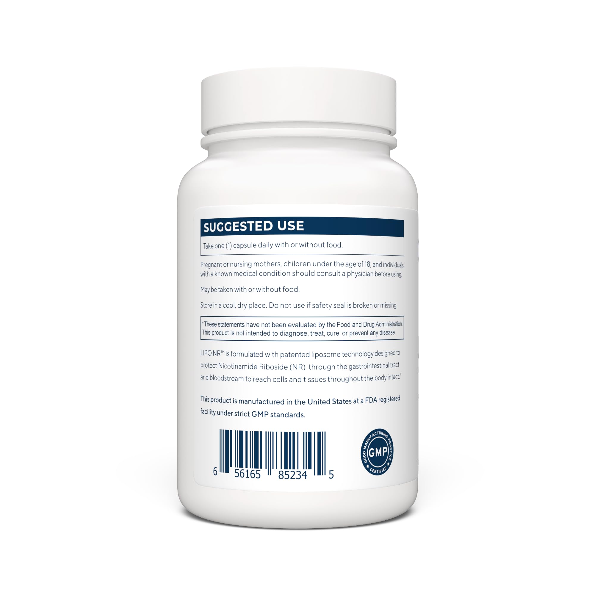 Supplement facts label on the back of Renue By Science Lipo NR 90 capsules.
