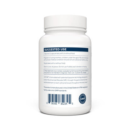 Supplement facts label on the back of Renue By Science Lipo NR 90 capsules.