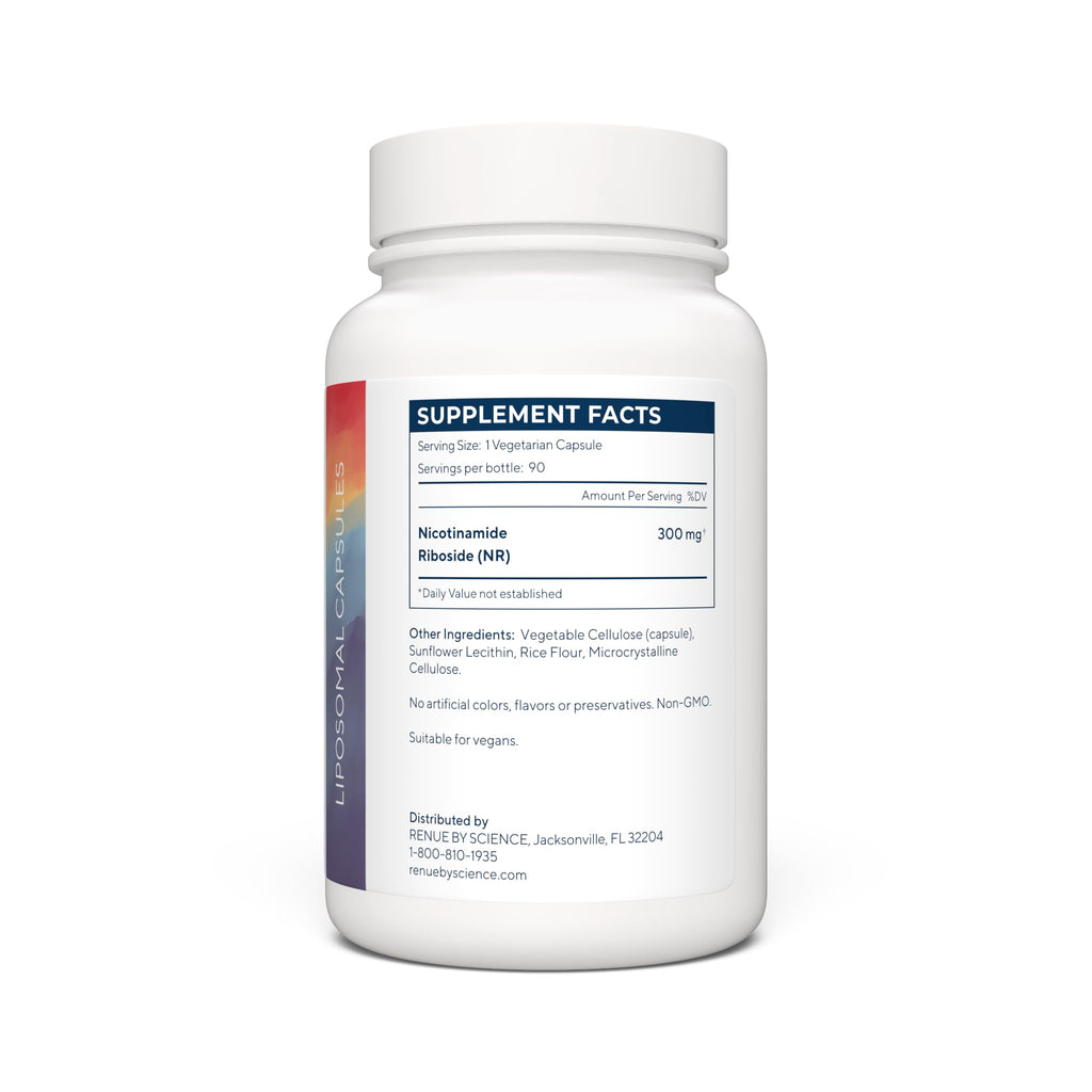 Premium USA imported liposomal NAD supplement capsules displayed next to the bottle packaging.