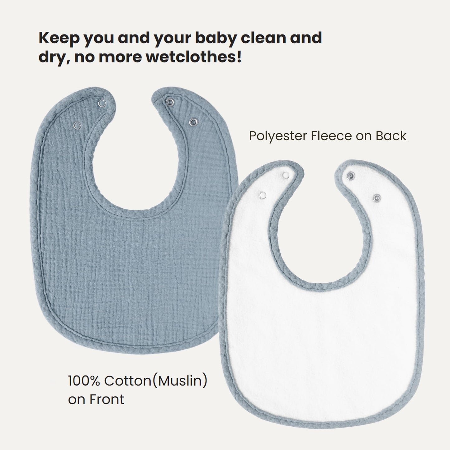 Konssy soft cotton muslin baby bibs showing adjustable snap closure.
