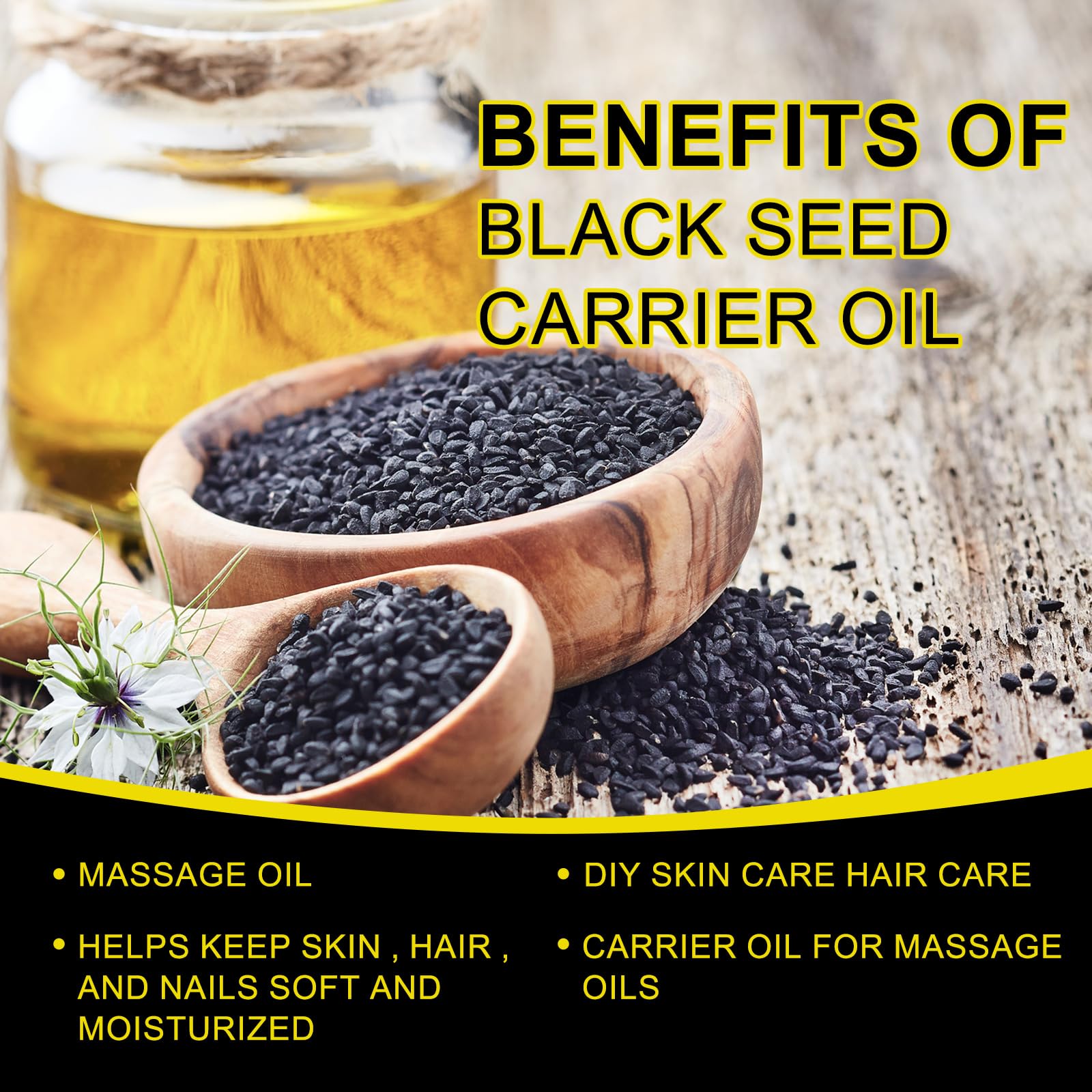 Uocasi organic black cumin seed oil bottle displayed next to natural black seeds