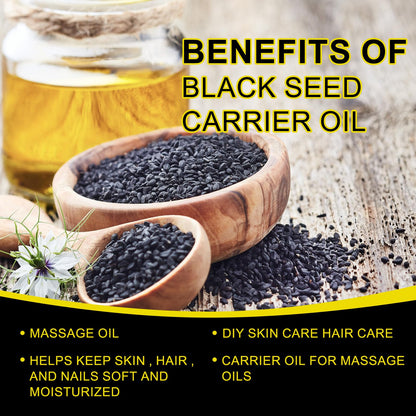 Uocasi organic black cumin seed oil bottle displayed next to natural black seeds