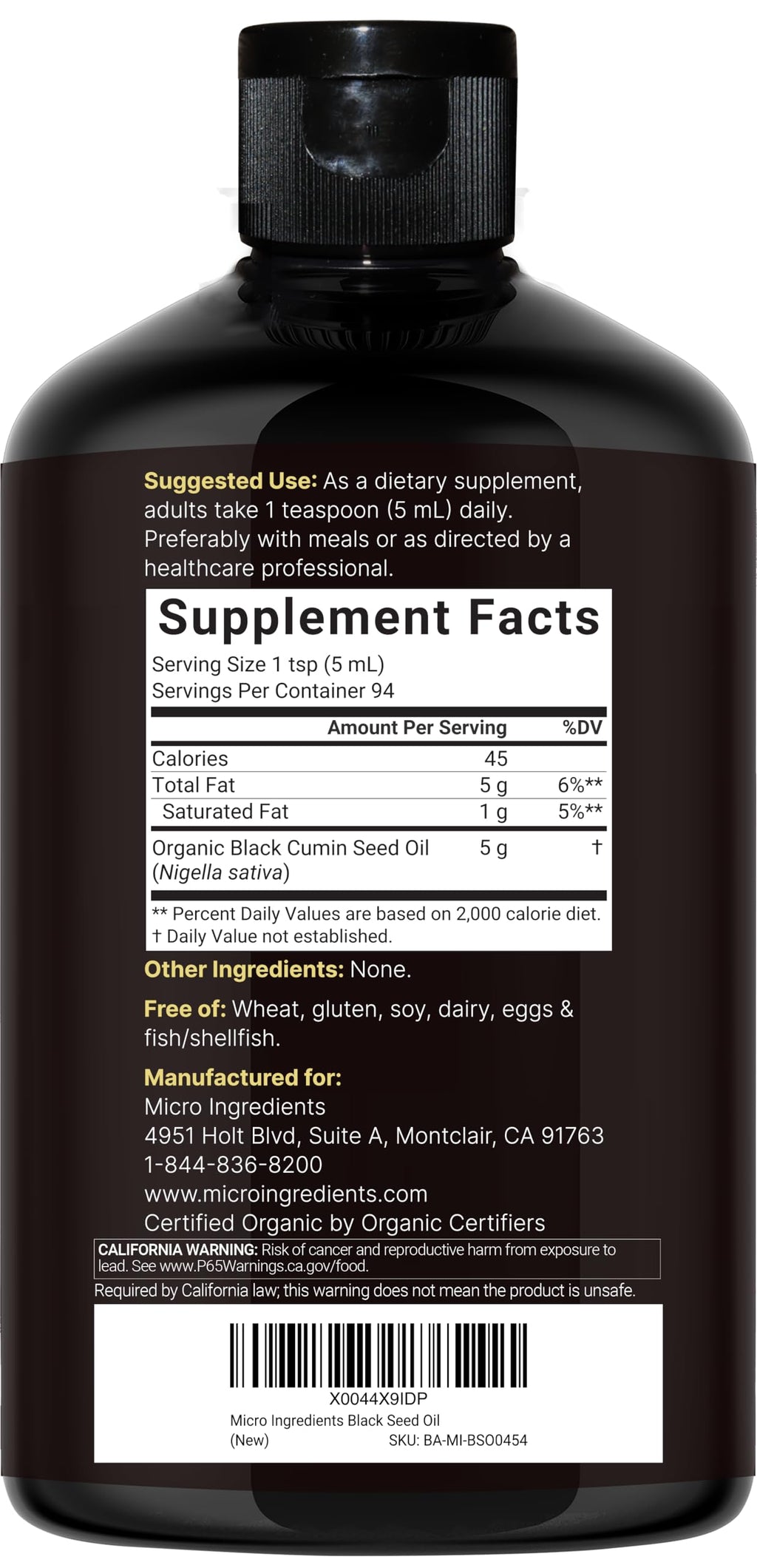 Micro Ingredients black seed oil nutrition facts label