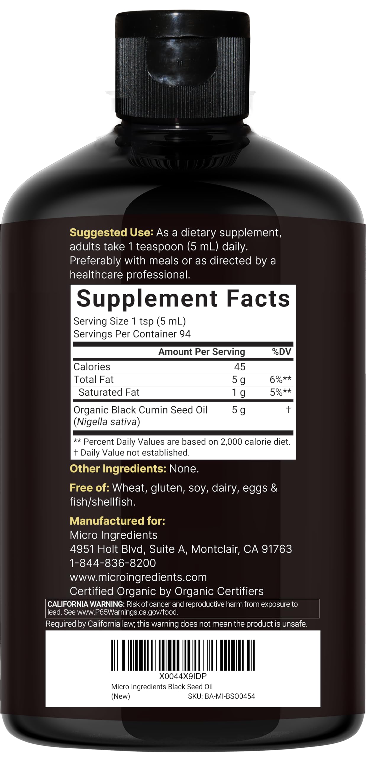 Micro Ingredients organic black cumin seed oil supplement nutritional facts label