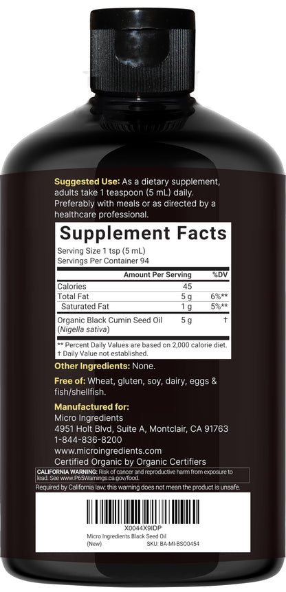 Micro Ingredients organic black cumin seed oil supplement nutritional facts label