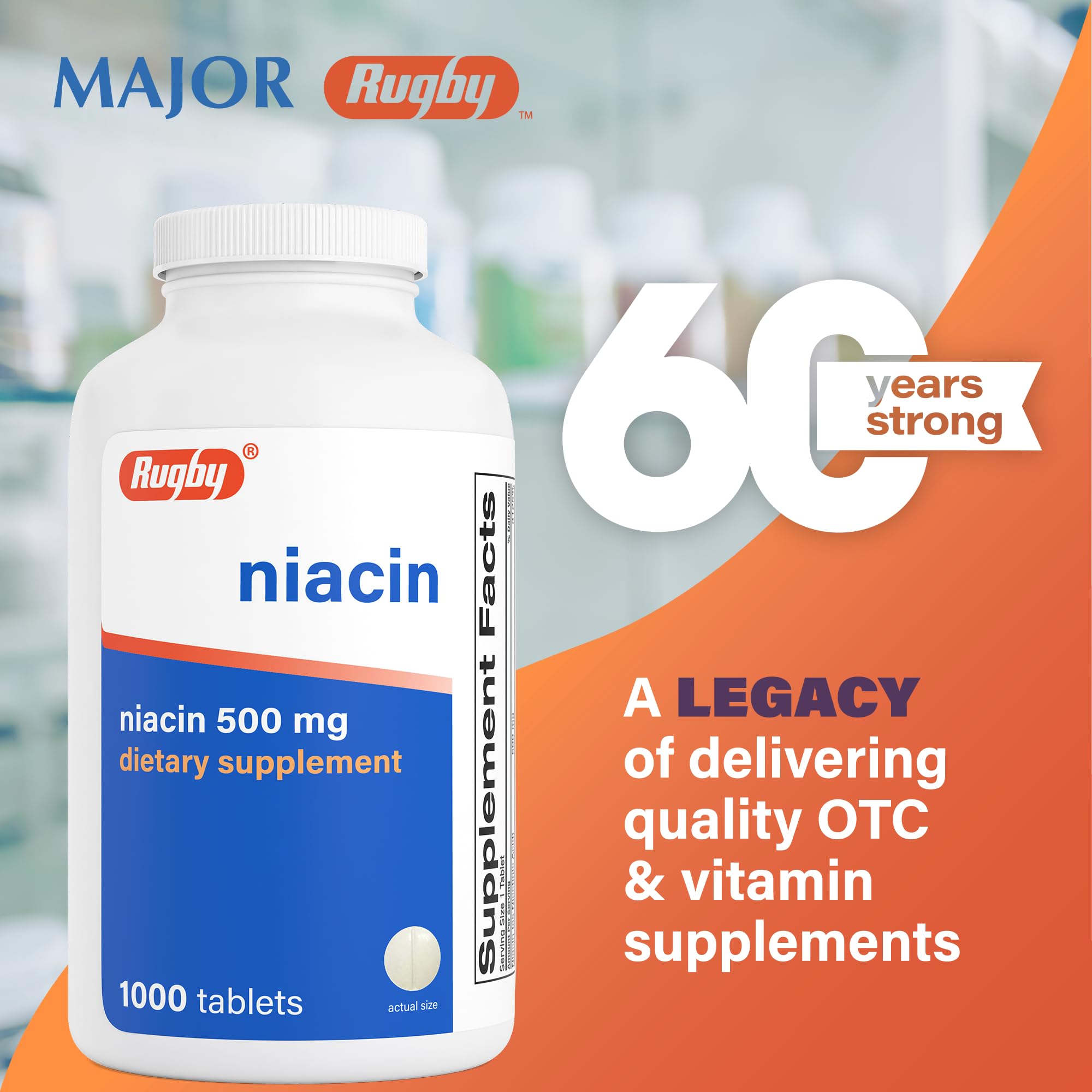 Rugby Laboratories Vitamin B3 500 mg immediate release plant based dietary supplement bottle