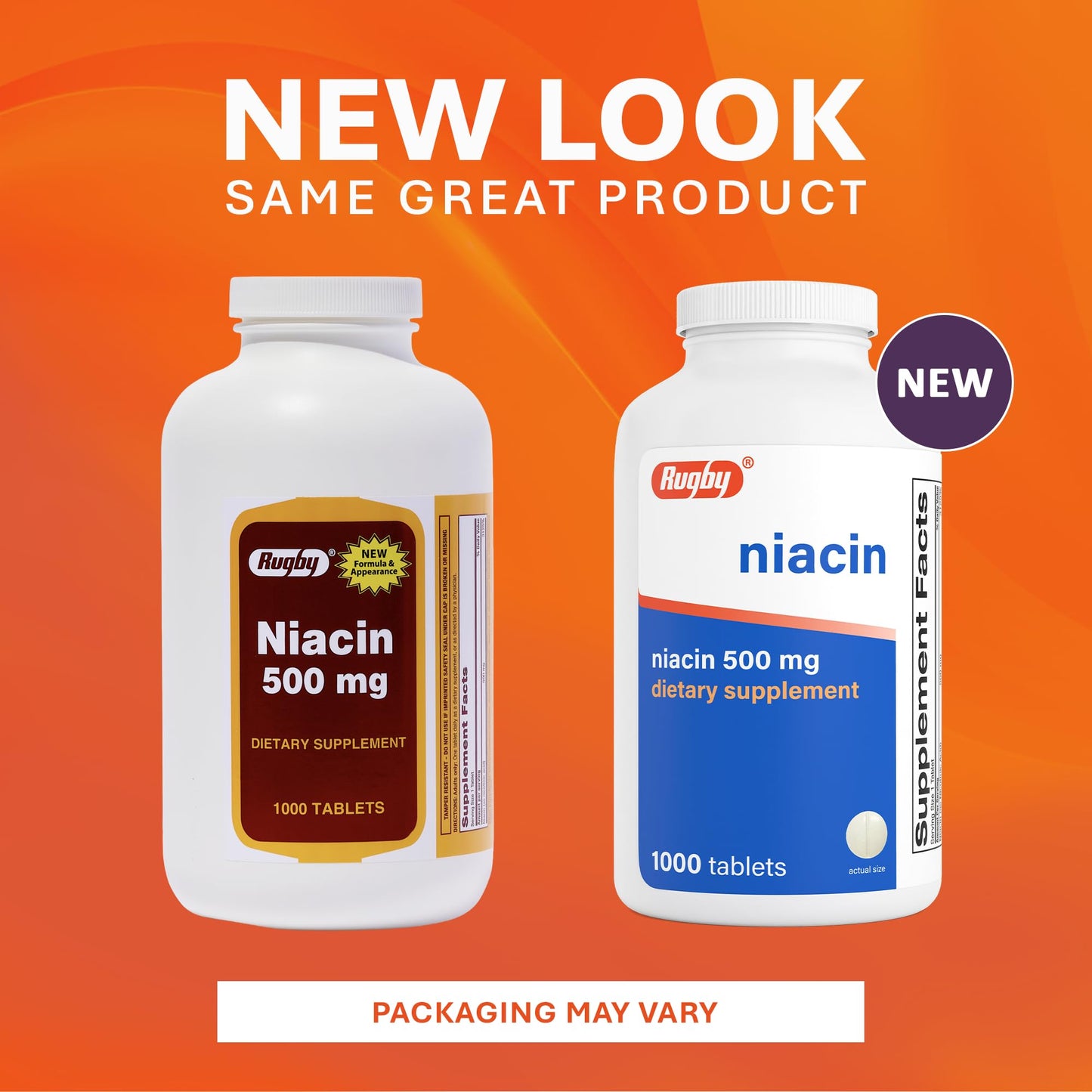 Side angle view of Rugby Niacin 500 mg bottle showing ingredients and allergen free symbols