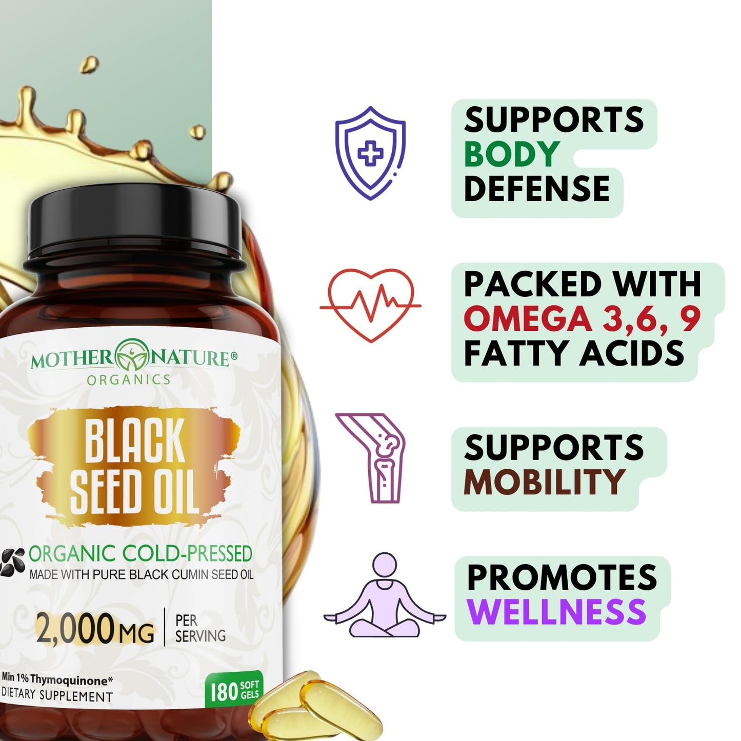 Mother Nature Organics 180 liquid filled softgels bottle seal