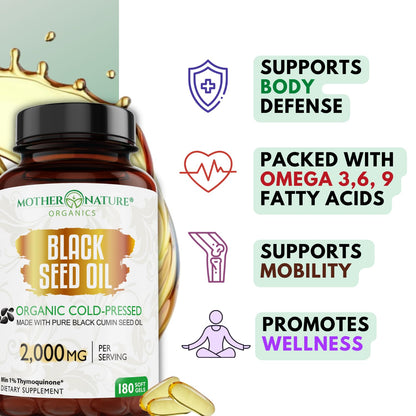 Mother Nature Organics 180 liquid filled softgels bottle seal