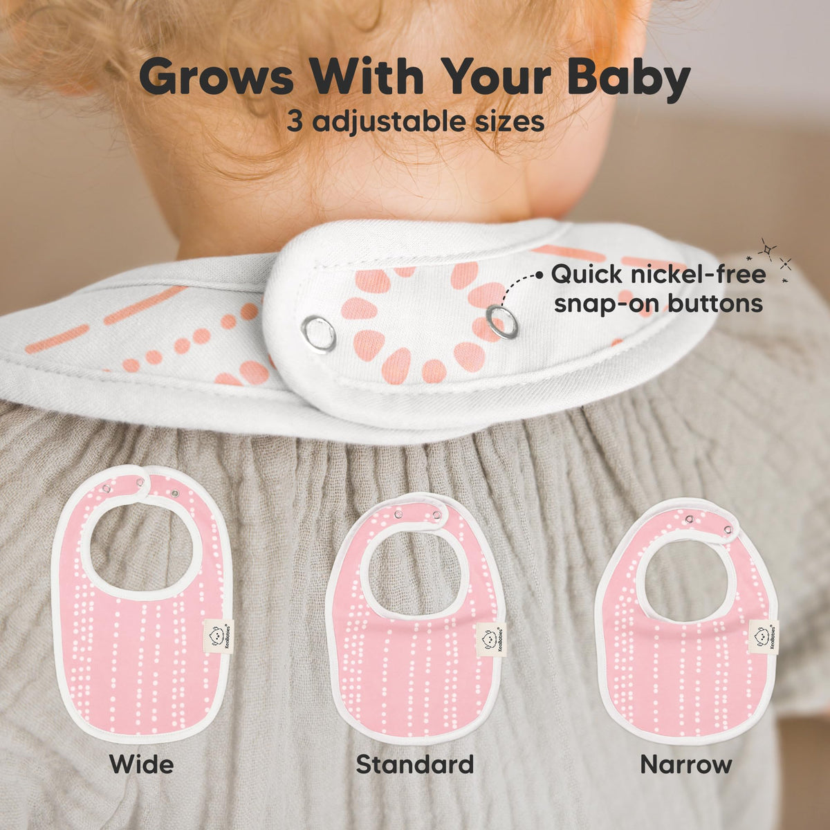 Close up of adjustable nickel-free snaps on KeaBabies bib