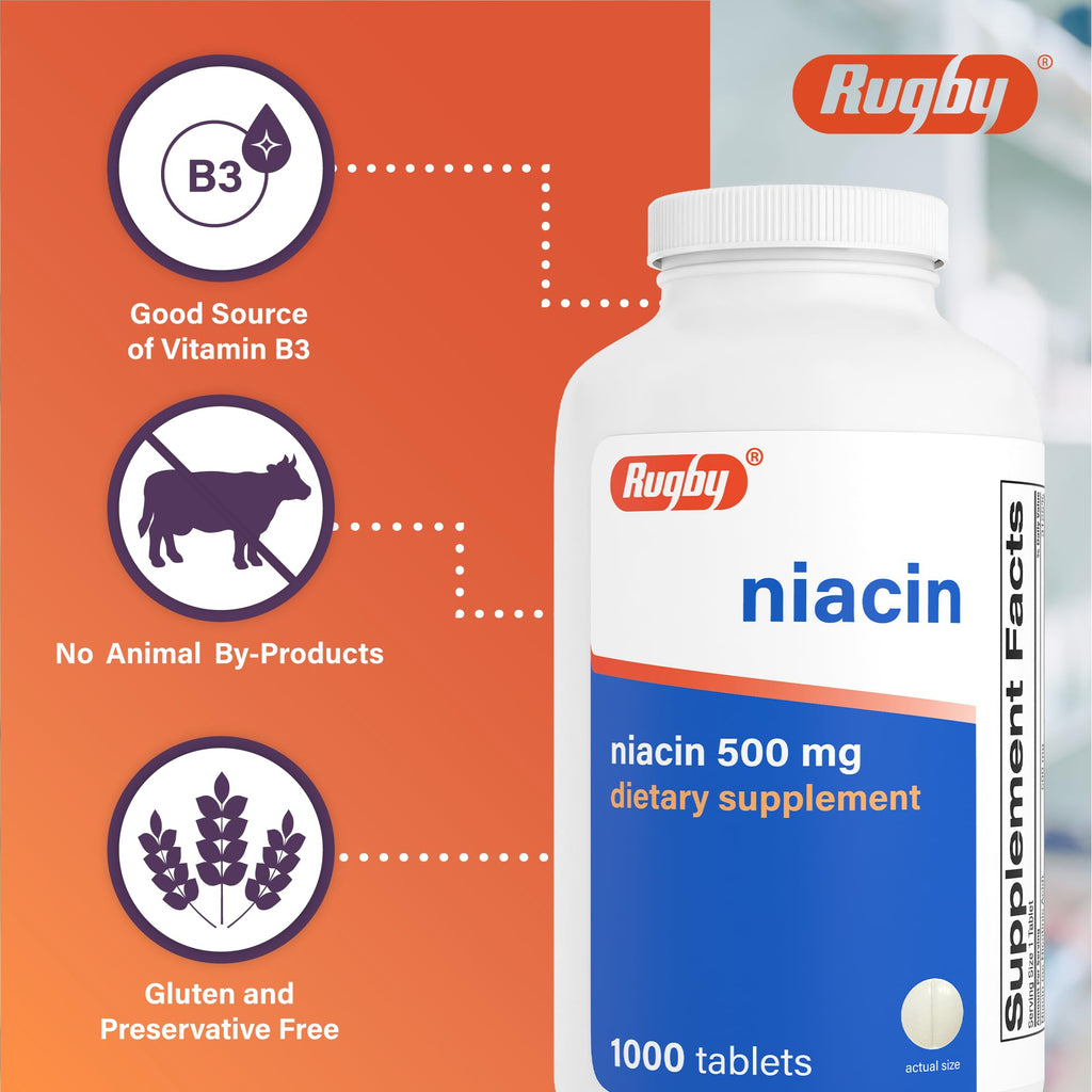 Back label of Rugby Niacin 500 mg showing dosage instructions and dietary information