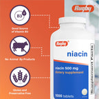 Back label of Rugby Niacin 500 mg showing dosage instructions and dietary information