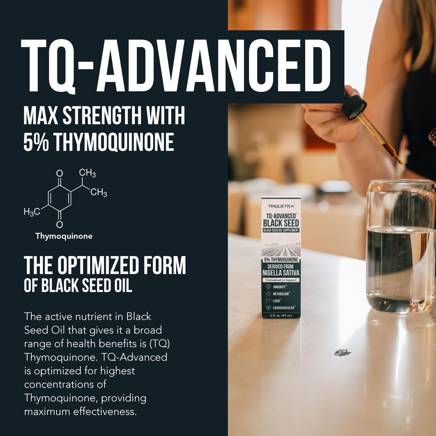 Triquetra Health TQ-Advanced liquid showing the metered dropper and 15:1 concentration details.