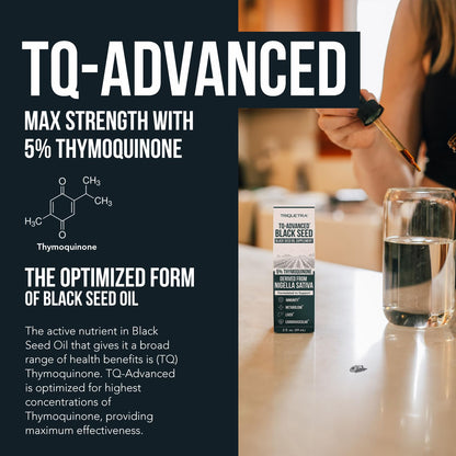 Triquetra Health TQ-Advanced liquid showing the metered dropper and 15:1 concentration details.