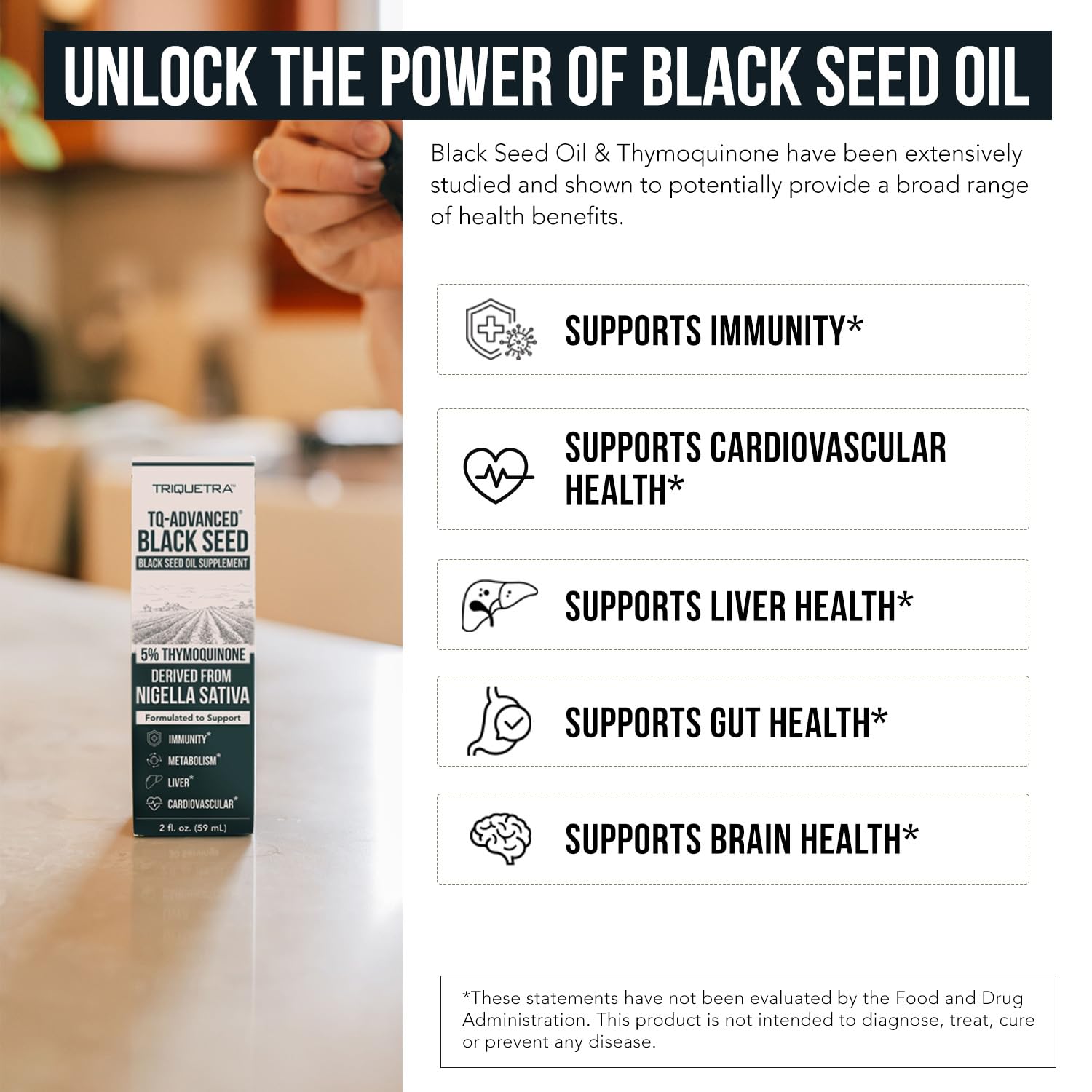 Two fluid ounce amber glass bottle of USA imported Triquetra Health supplement.