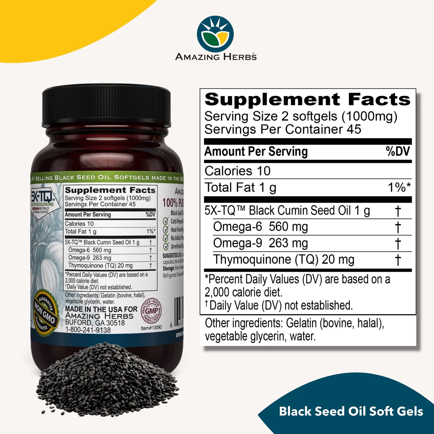 Amazing Herbs cold pressed black cumin seed supplement ingredients label