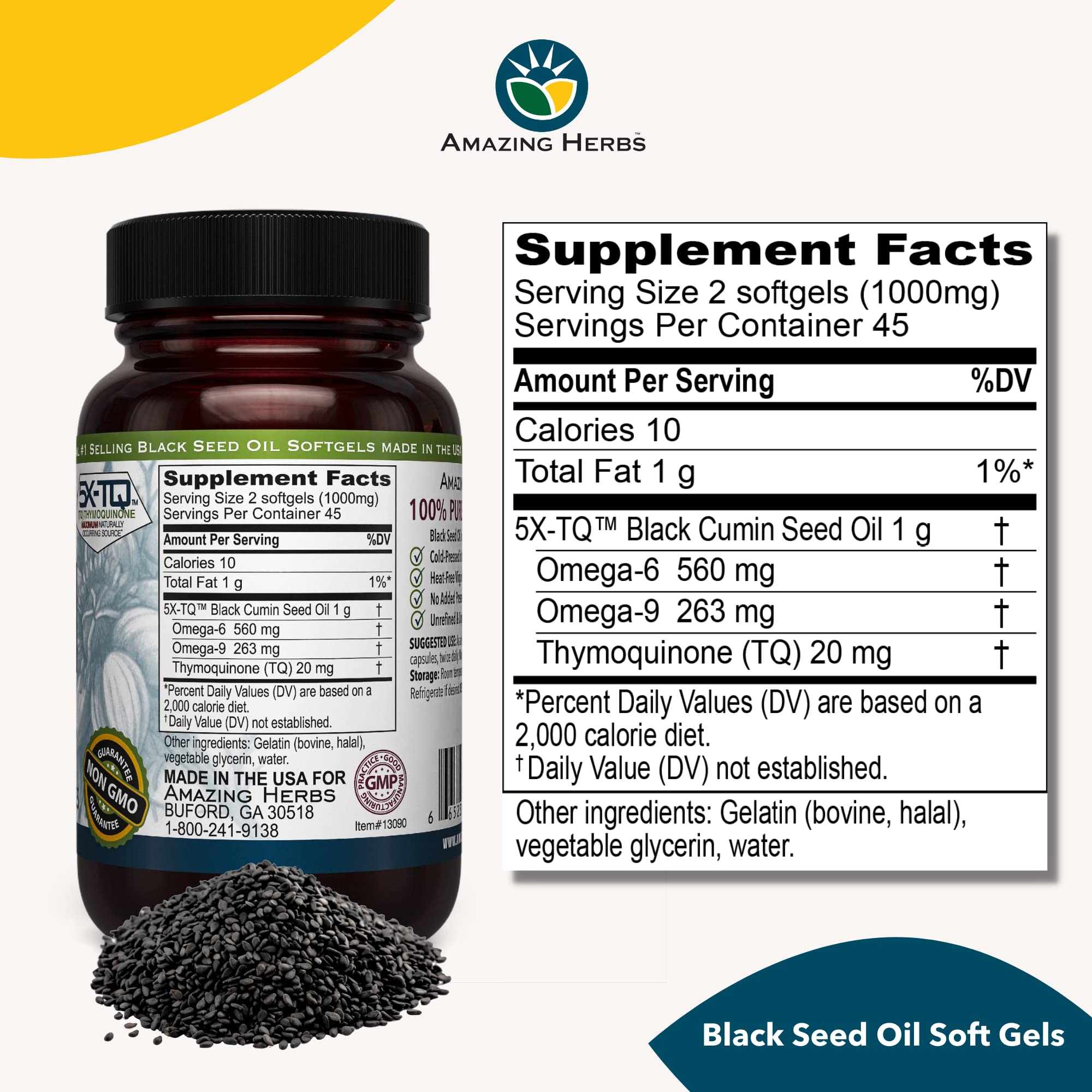 Amazing Herbs cold pressed black cumin seed supplement ingredients label